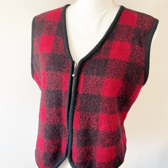 Cambridge Dry Goods Women's Buffalo Plaid Boiled Wool V Neck Vest L or 10 - Picture 2 of 13